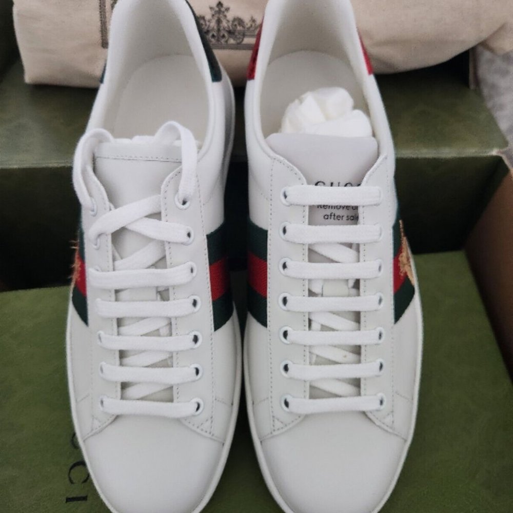 Gucci Ace Web Embroidered Bee Motif White Leather Sneakers